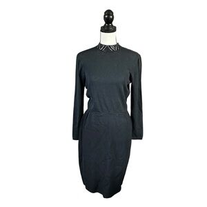 VTG St. John Black Santana Knit Dress Long Sleeve Jeweled Collar Evening Size 6